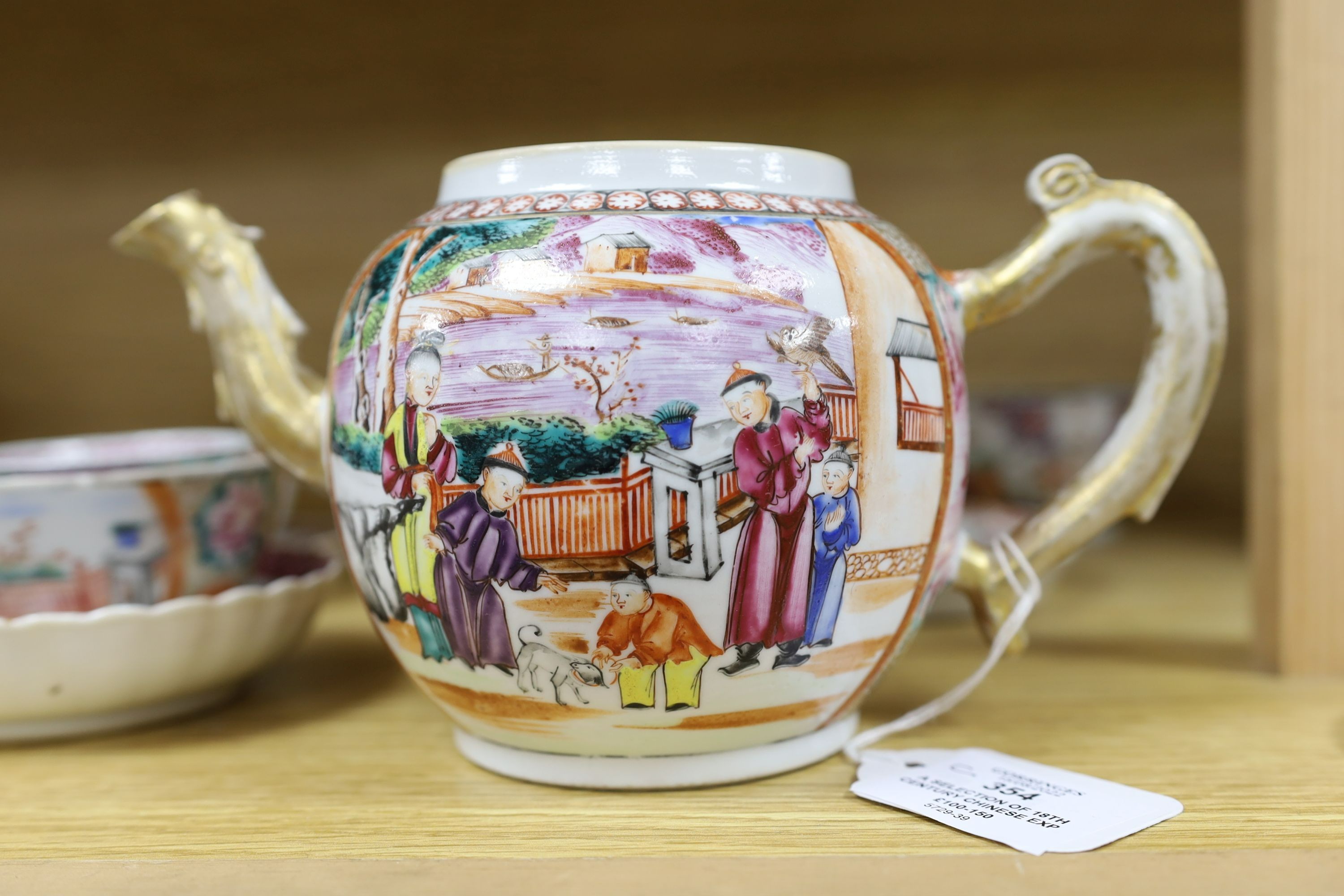 A selection of 18th century Chinese export wares, to include a teapot, tea bowls, saucers etc., some matching, tallest 16cm, (10)